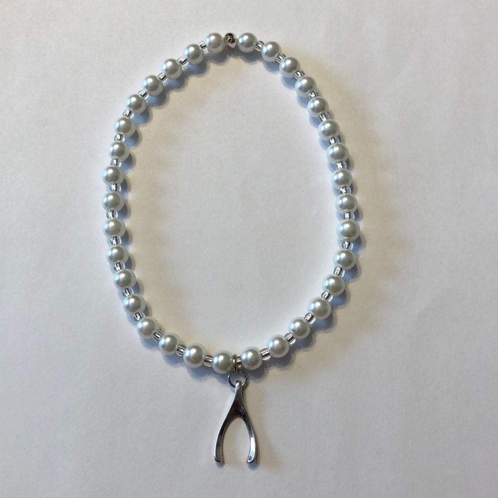 White Pearl Stretch Wishbone Ankle Bracelet